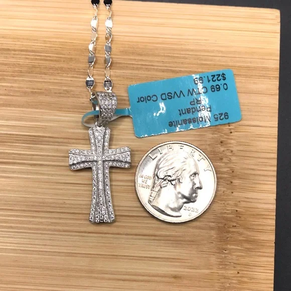925 Sterling Silver 0.69CT Moissanite Cross Pendant Necklace size 18” - Picture 6 of 13